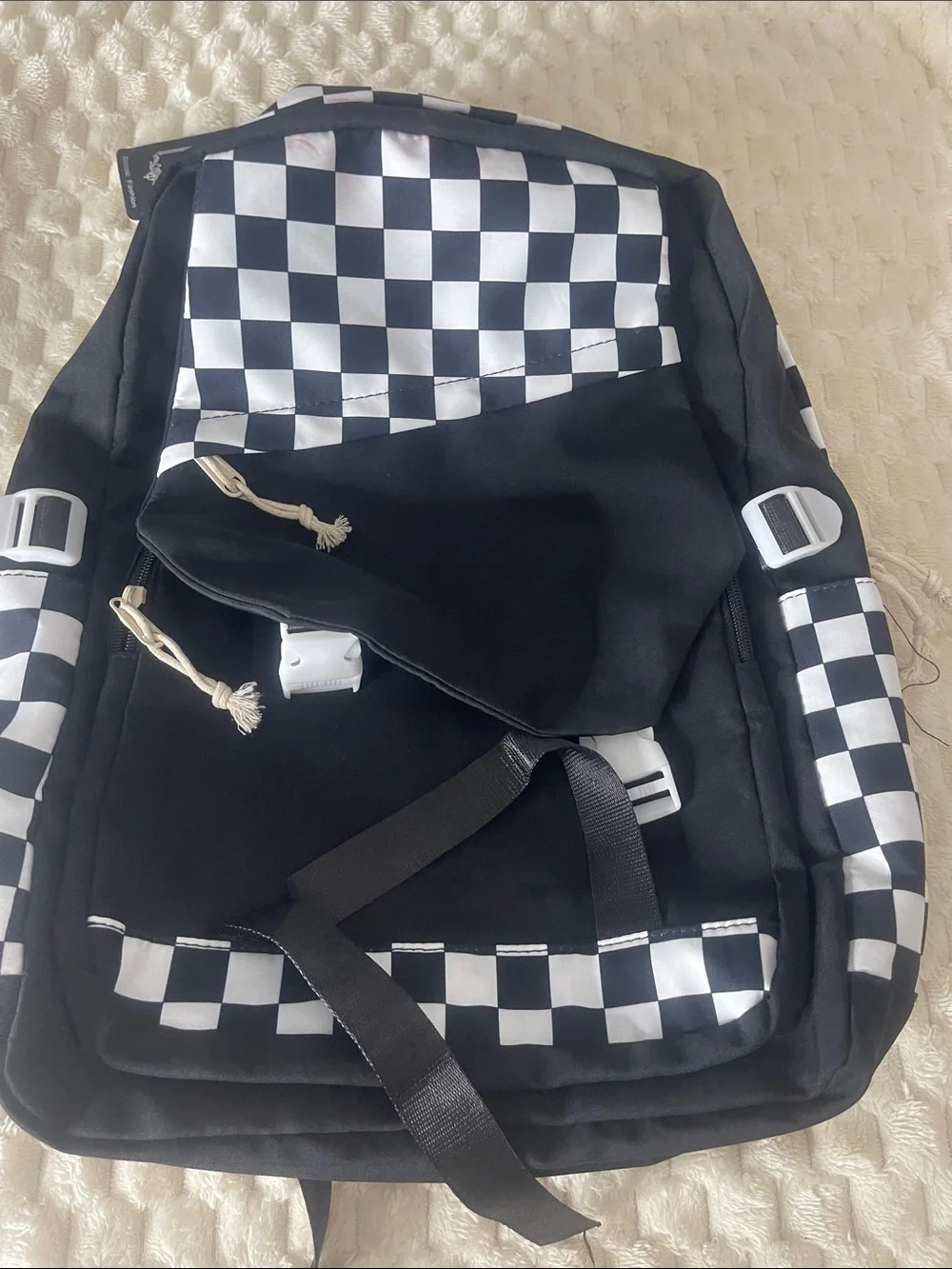 NWT Boy’s Black & White Checkerboard Kids School Backpack Multiple Pockets & Zip